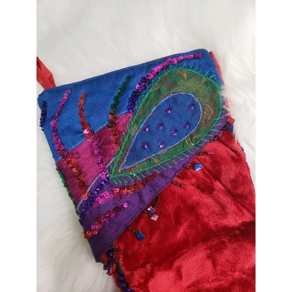 1 PIER 1 IMPORTS Jester Elf Boot Red Purple Peacock Silky Christmas Stocking‎